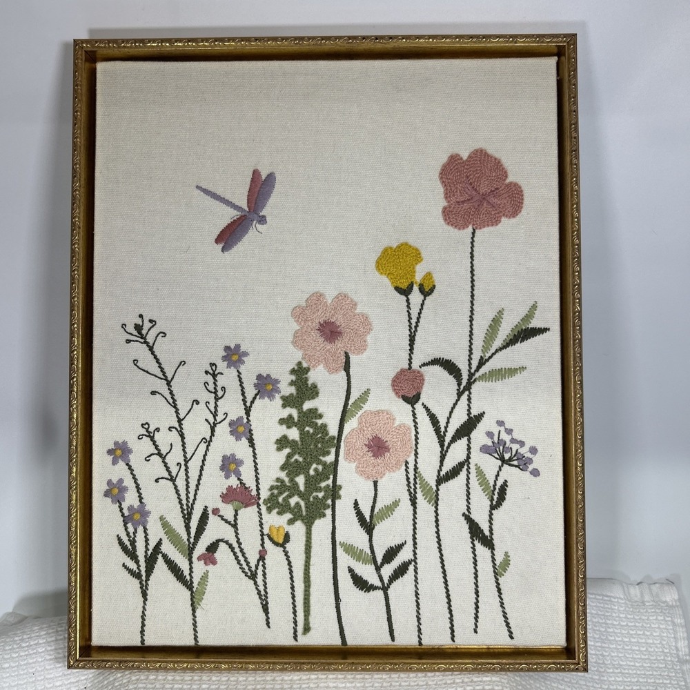 Fuyang Dake Butterfly/Floral Embroidered Canvas Wall Art Gold-Toned Wood Frame